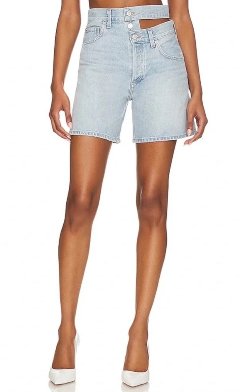 AGOLDE Broken Waistband High Rise Asymmetrical Shorts Attempt Light Wash 27